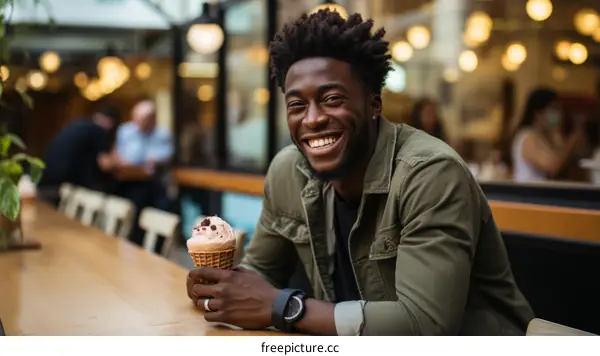 Happy African American man eating ice cream cone