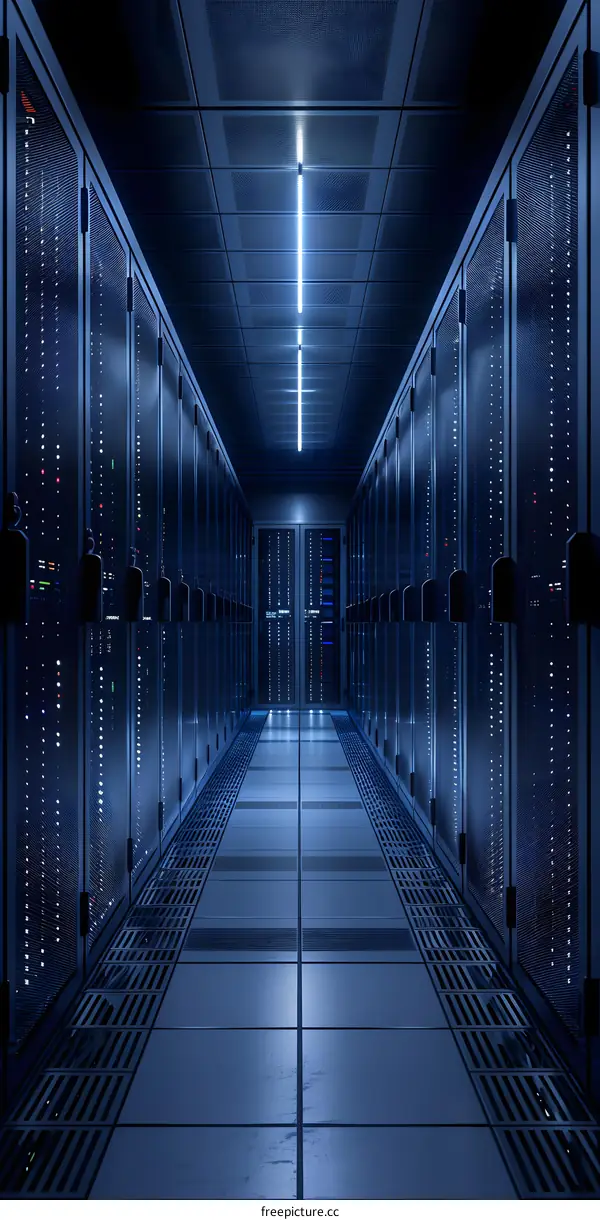 Blue neon lights illuminate a futuristic server room with rows of supercomputers.