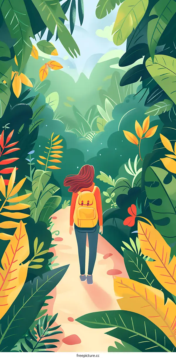 Woman with Backpack Walking Through a Lush Forest Path