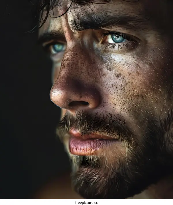 Close Up Portrait of Man with Blue Eyes and Facial Hair