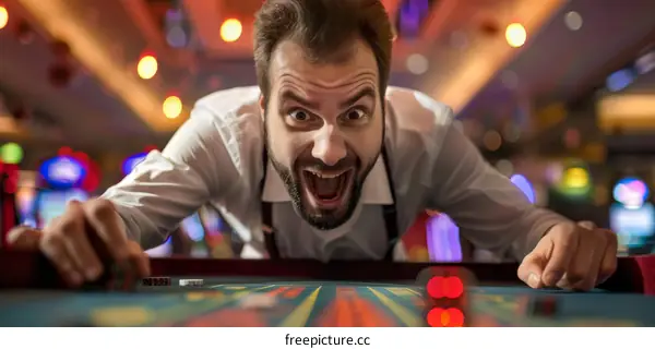 Ecstatic man wins big at the roulette table in a casino