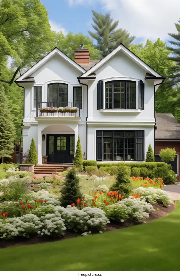 A luxurious two-story house with a beautiful garden