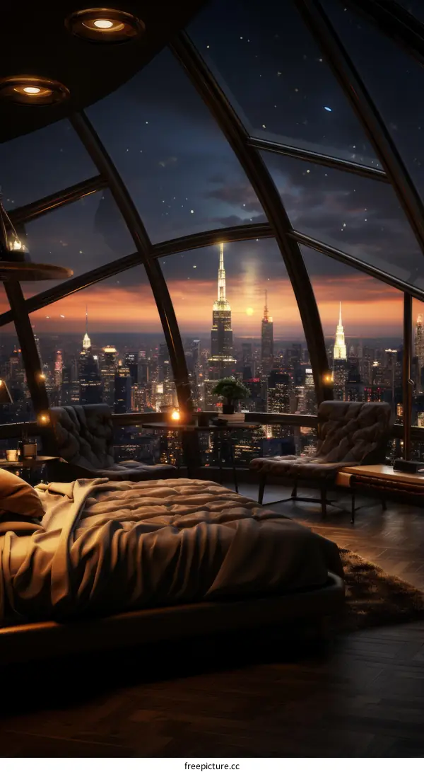 Bedroom with a View of the City Skyline at Night