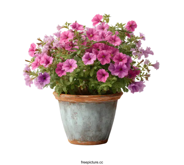 [Transparent Background PNG]Pink and Purple Petunia Flowers in Terracotta Pot