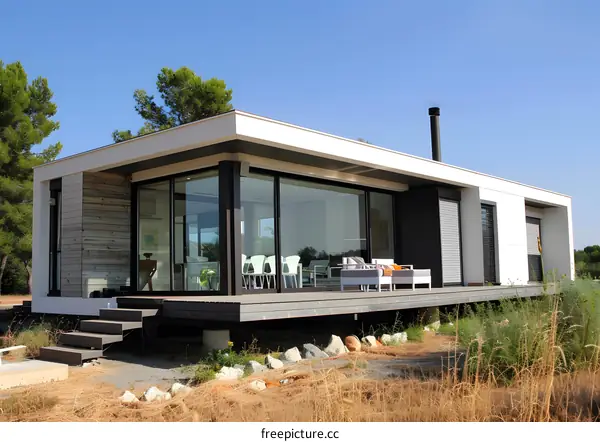 Modern House with Large Windows and Wooden Deck