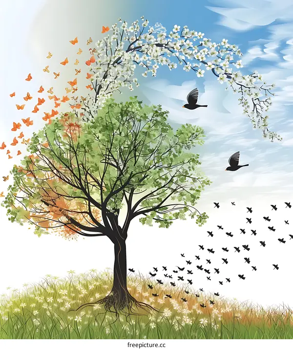 Four Seasons Tree with Birds and Butterflies