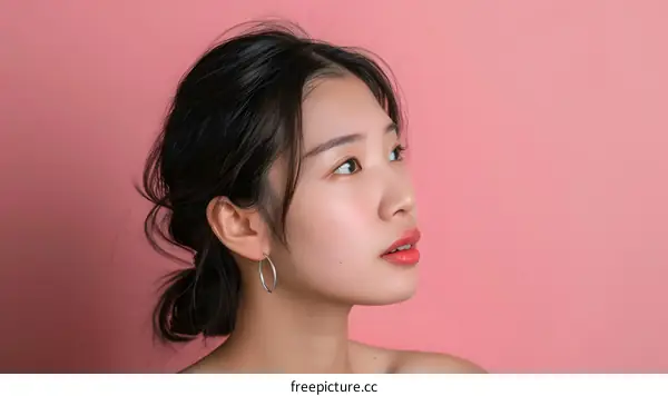 Portrait of a Young Asian Woman with Long Black Hair and Pink Background