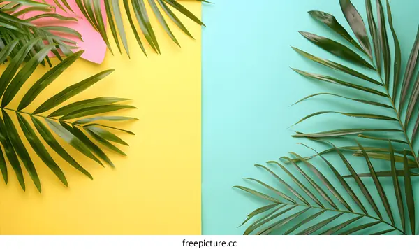 Tropical Palm Leaves on Yellow and Blue Background