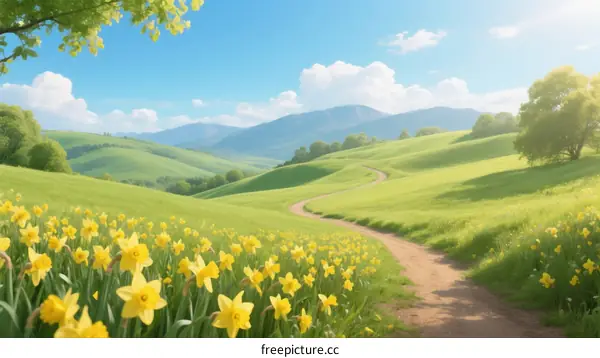 Beautiful Scenic View of Green Rolling Hills with Daffodils
