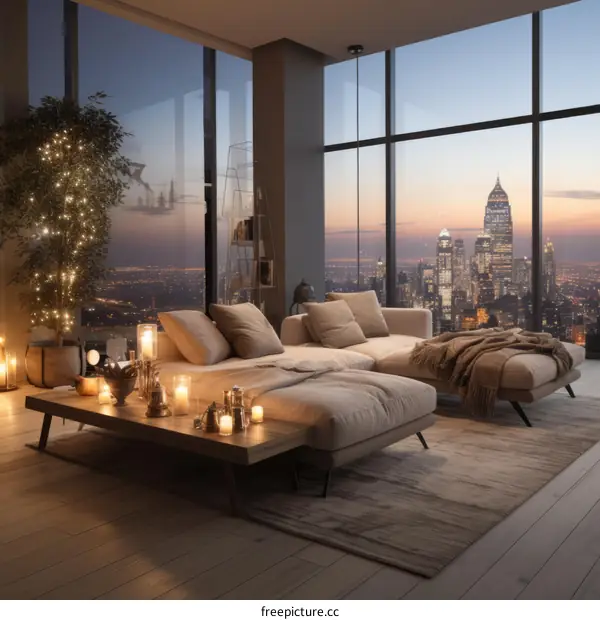 Cozy Apartment Living Room with Modern Decor and City View at Night