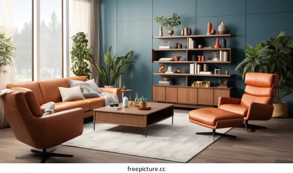 A stylish living room with mid-century modern furniture