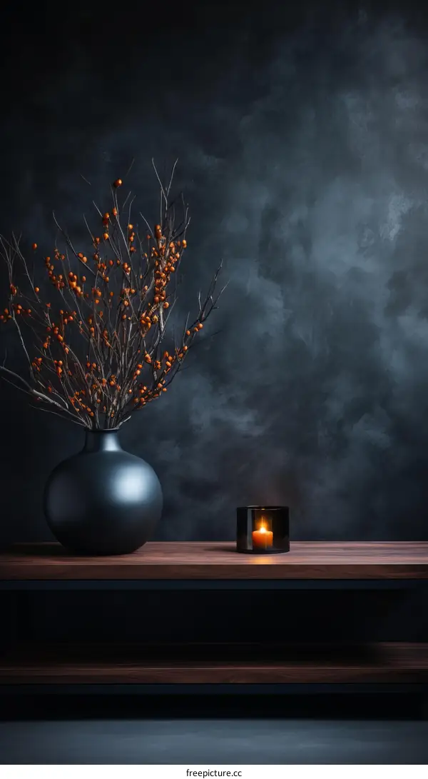 Moody Still Life with Orange Berries and Candle