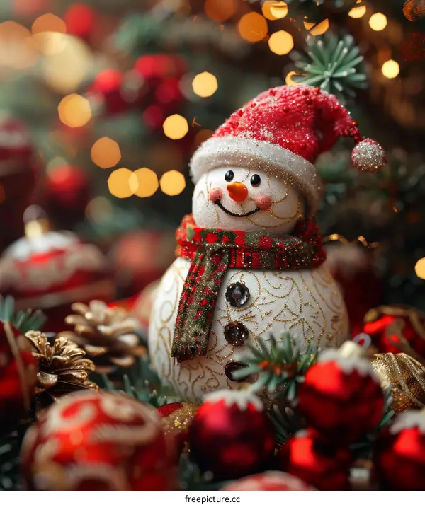 A cute snowman with a carrot nose and a scarf for Christmas