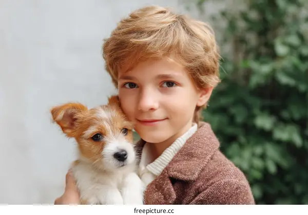 Boy Holding Puppy Outdoors Portrait