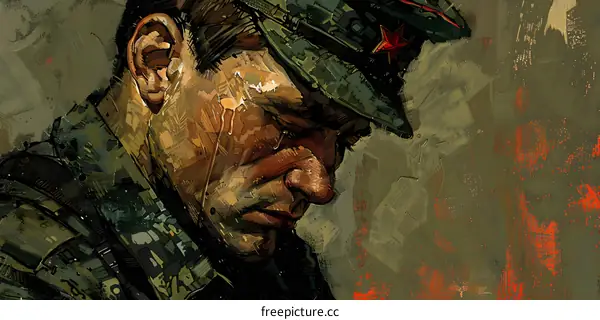 Portrait of a soldier wearing a hat with a red star