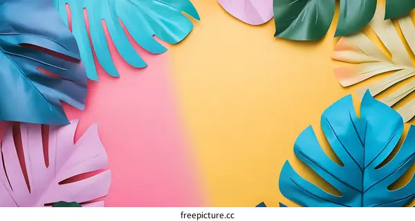Tropical Leaves on Yellow and Pink Background