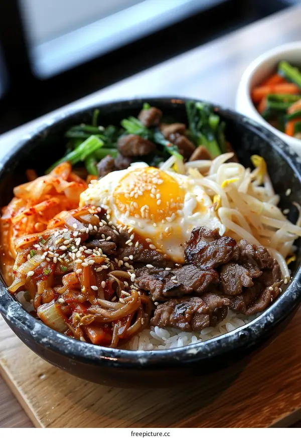 Dolsot Bibimbap: Korean Stone Bowl Rice with Beef, Egg & Veggies