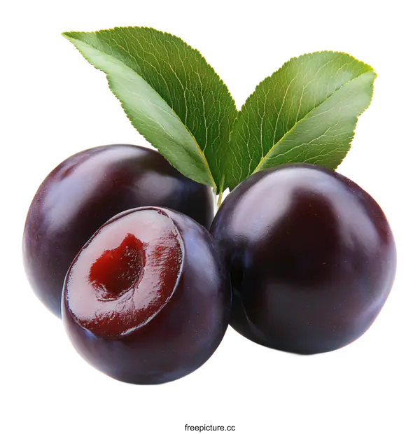 [Transparent Background PNG]Fresh Plums with Leaves Close-up