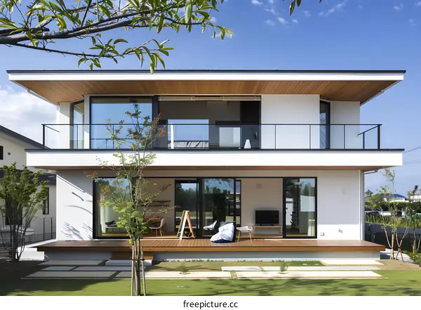 Modern White Two Story House with Wooden Deck