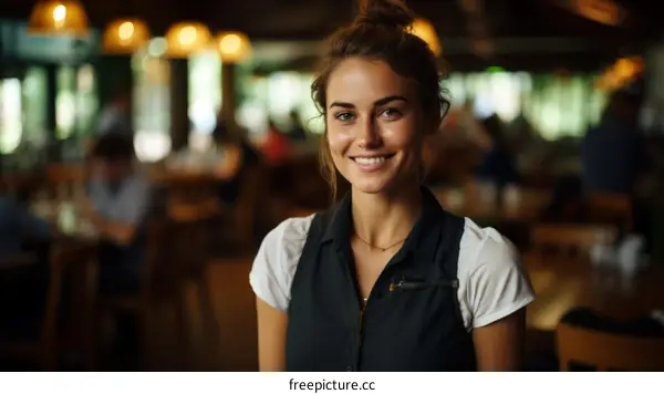 Portrait of a Smiling Waitress in a Busy Restaurant