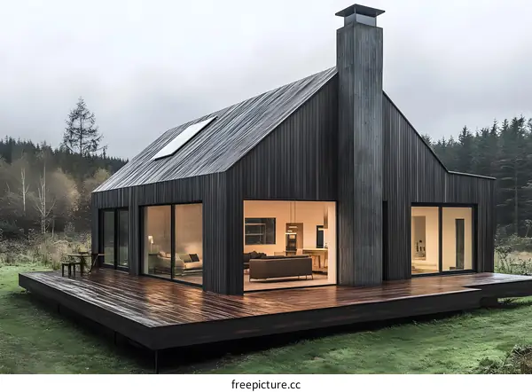 Modern Black Cabin with Large Windows and Wooden Deck