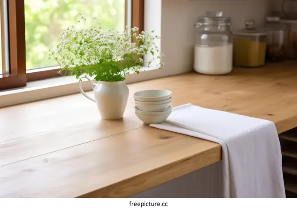 A wooden table with a vase of flowers and a stack of bowls