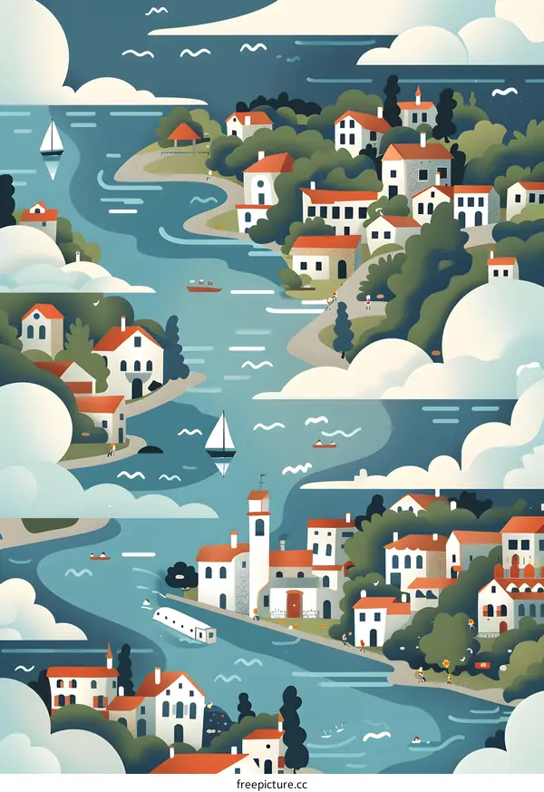 Seafront Village with White Houses and Boats