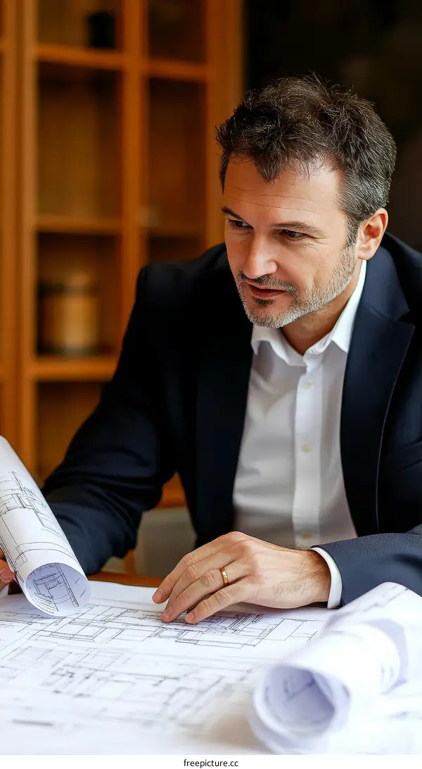 Businessman Reviewing Architectural Drawings