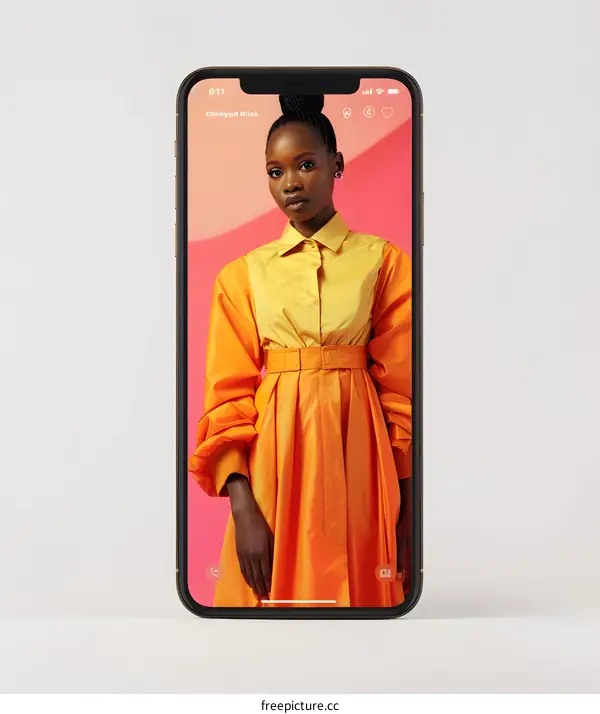 Black Woman Wearing Orange Dress in Phone Screen