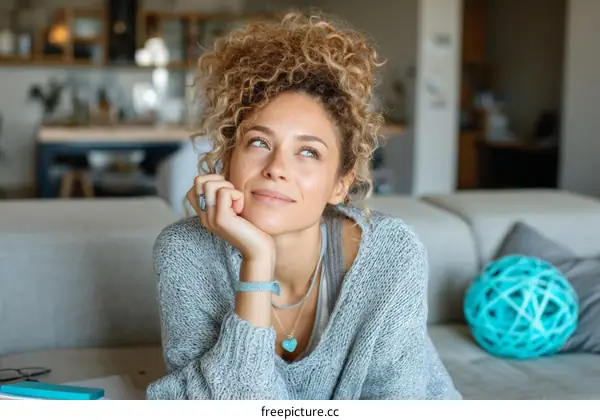 Thoughtful Woman in Cozy Interior Setting