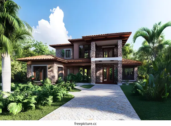 Stone Facade Modern Home With Palm Trees