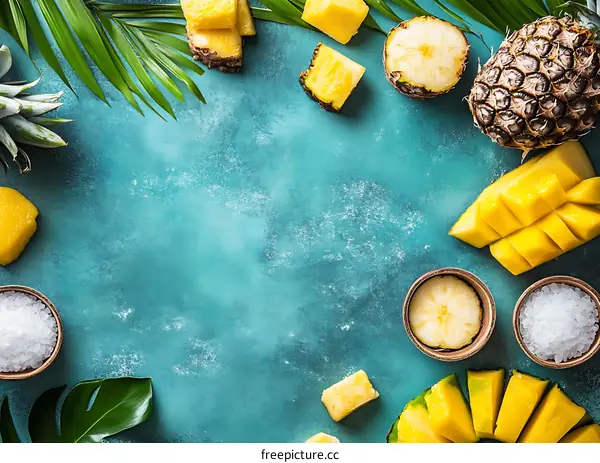 Tropical Fruit Background with Pineapple and Mango Slices on Blue Table