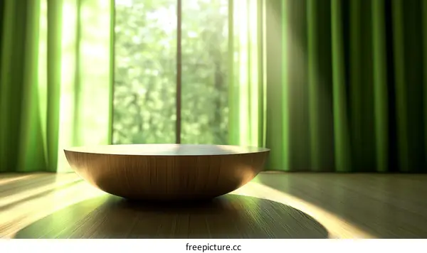 Wooden Bowl Display on a Wooden Floor with Green Curtains