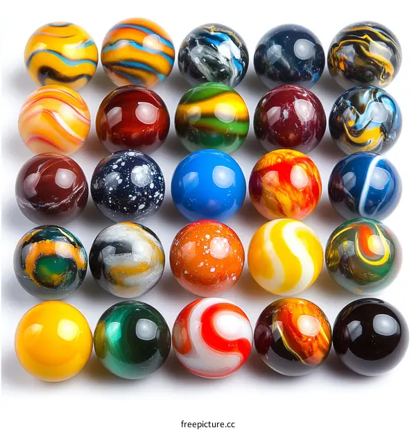 Colorful Glass Marbles Displayed on a White Background