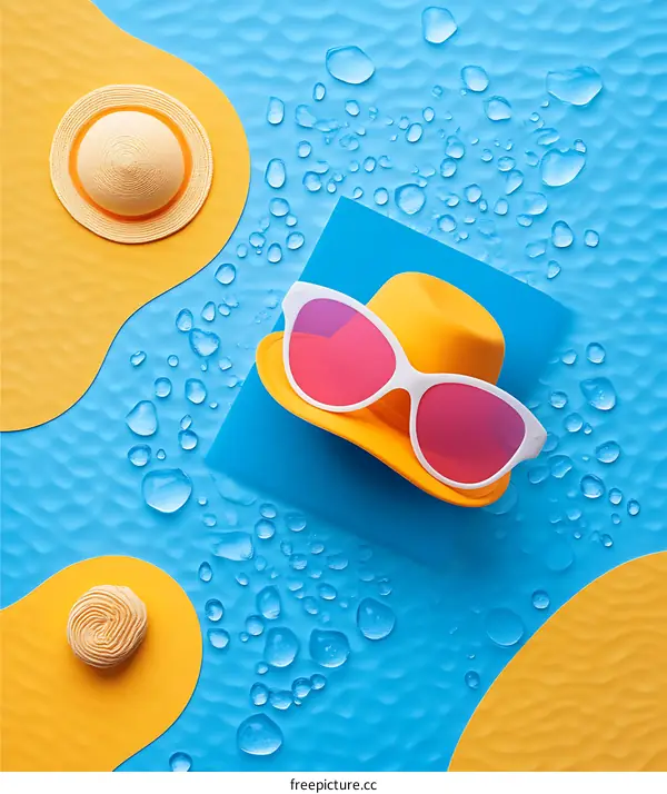 Summer Vacation Background with Yellow Hat, Sunglasses and Water Drops