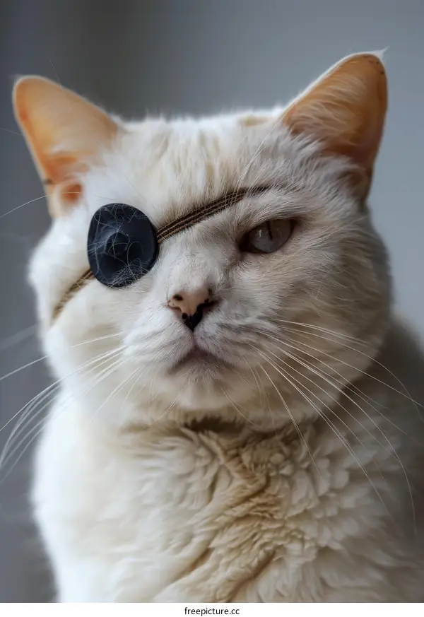 Portrait of a white cat wearing an eye patch