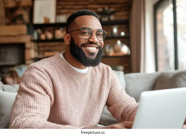 Smiling African American Man Working on Laptop