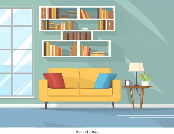 Living Room Illustration With Sofa and Bookshelf