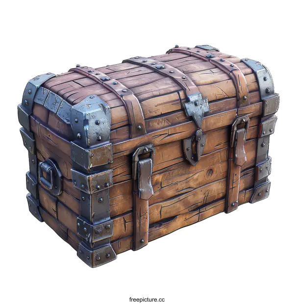 [Transparent Background PNG]Wooden treasure chest with metal details