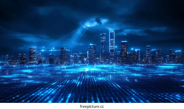 Futuristic Night City Skyline Digital Network