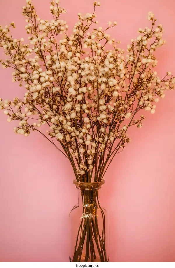 White Flowers in Glass Vase on Pink Background