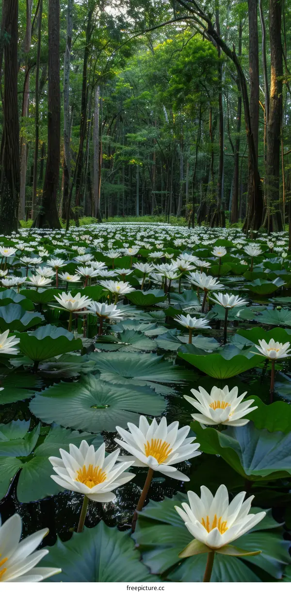 White water lilies in a pond surrounded by a forest