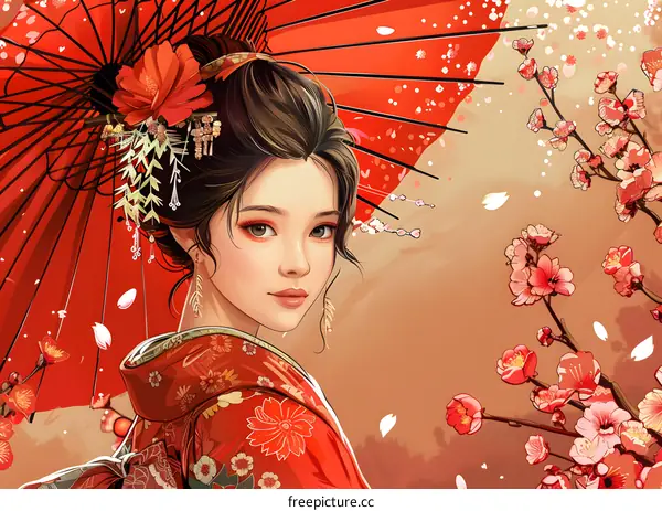 A beautiful Japanese woman in a red kimono holding a red umbrella.