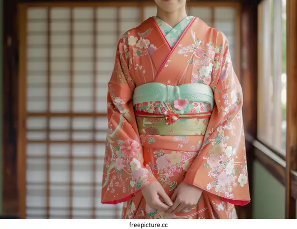 A woman wearing a kimono with floral patterns