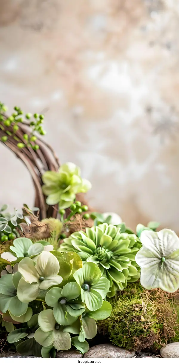 Green Flowers and Moss on a Brown Background