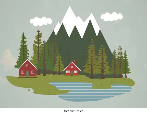 Red Houses in a Mountainous Forest Illustration