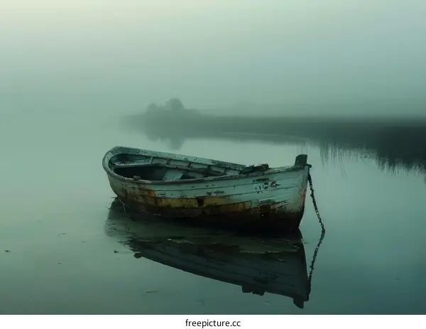 boat sits calmly in still water on a foggy day