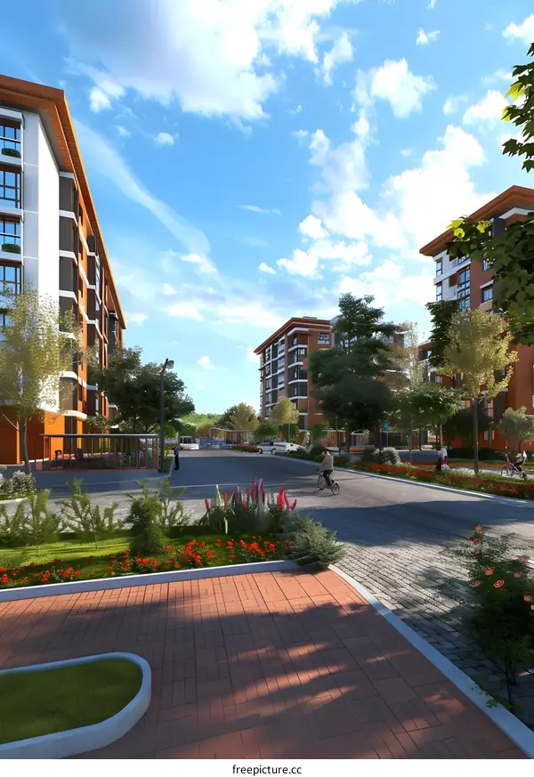 Modern Residential Buildings With Green Landscaping and a Cobblestone Street
