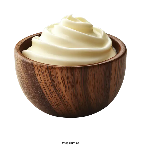 [Transparent Background PNG]Wooden Bowl Filled with Creamy Mayonnaise