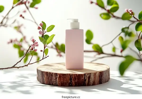 Pink Cosmetic Bottle on Wooden Stand with Spring Flowers